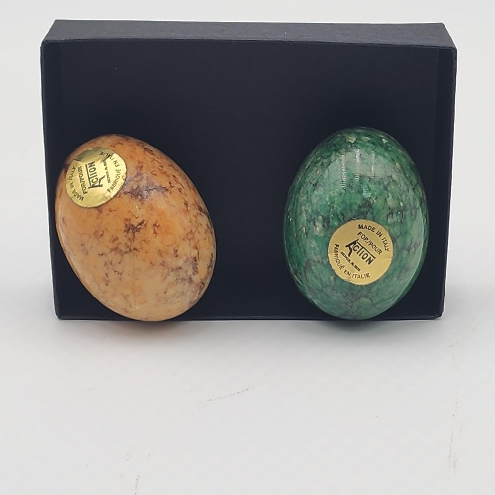 Vintage Italian Alabaster Easter Eggs Green Yellow Pair Action Co 2.25" Pair